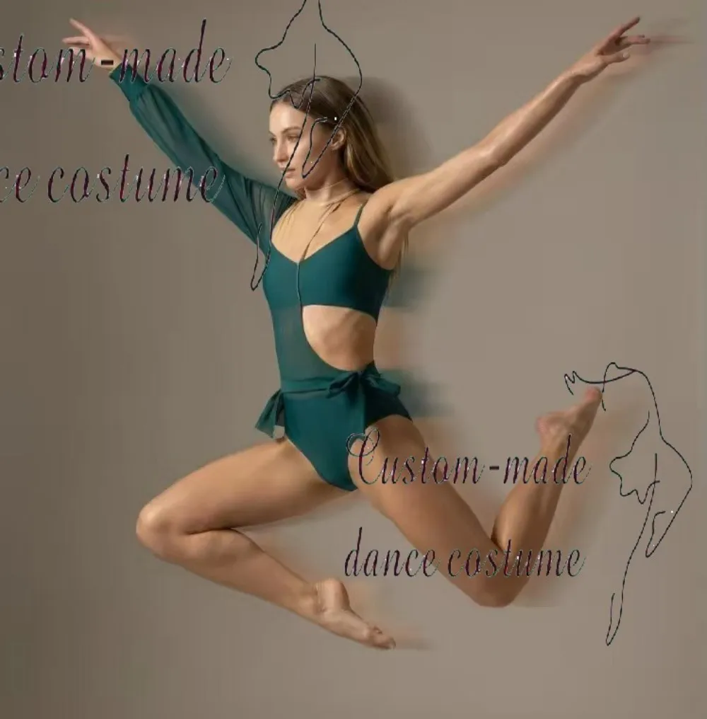 

Emerald Green Asymmetrical One-Shoulder Sheer Mesh Dance Leotard