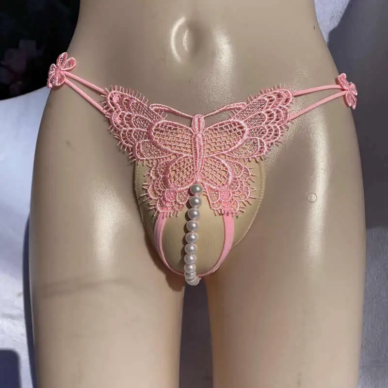 Sexy Sissy Lace Lingerie Crossdresser Camel Toe Panties Pearl Butterfly Underwear Gay Panty Hiding Gaff T-Back Thong Fake Vagina