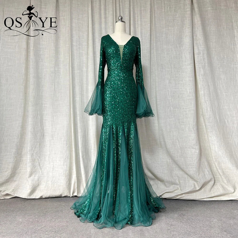 

Long Sleeves Green Evening Dresses VNeck Flare Tulle Sleeves Mermaid Prom Gown Grid Pattern Sequin LaceFit Party Celebrity Dress