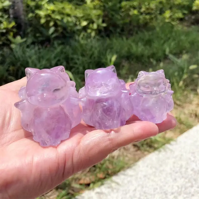 Natural Amethyst Nine-tailed Fox Fairy Carving Cartoon Healing Polished Mineral Ornaments Home Decoration 1PCS