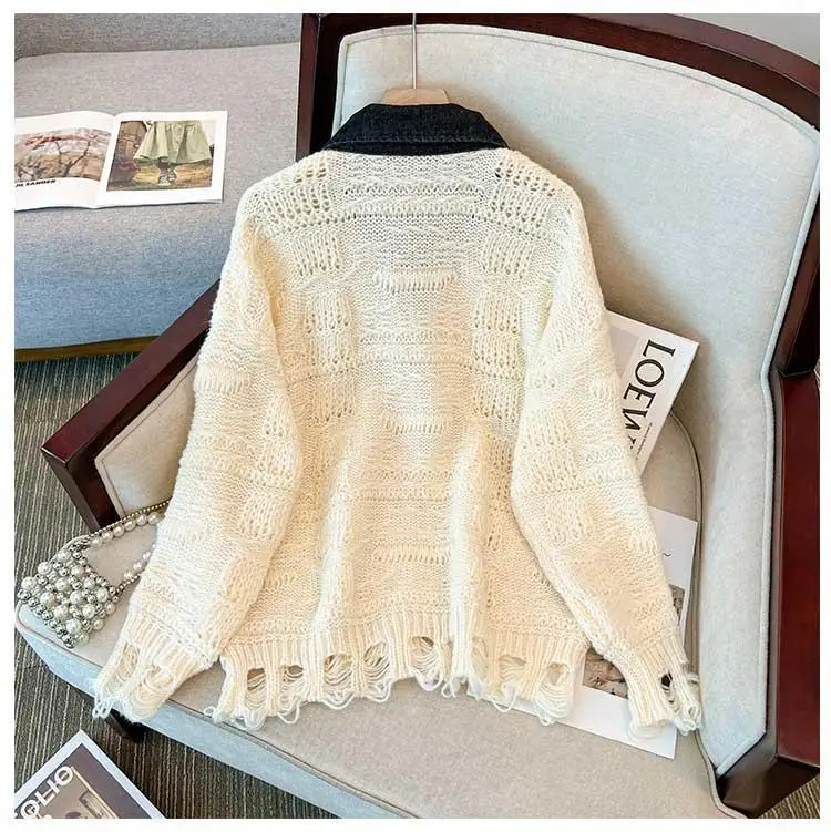 Oversized Women\'s Clothing Autumn New Item Fat MM Fashion Loose and Slimming Collar Knitted Sweater Denim Patchwork Sweater