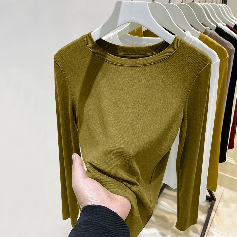 

Ele Long Sve round Ne T-irt Women's Faion Brand Basic irt Early Autumn Top Teaded Detail Commute Sle Slim Fit