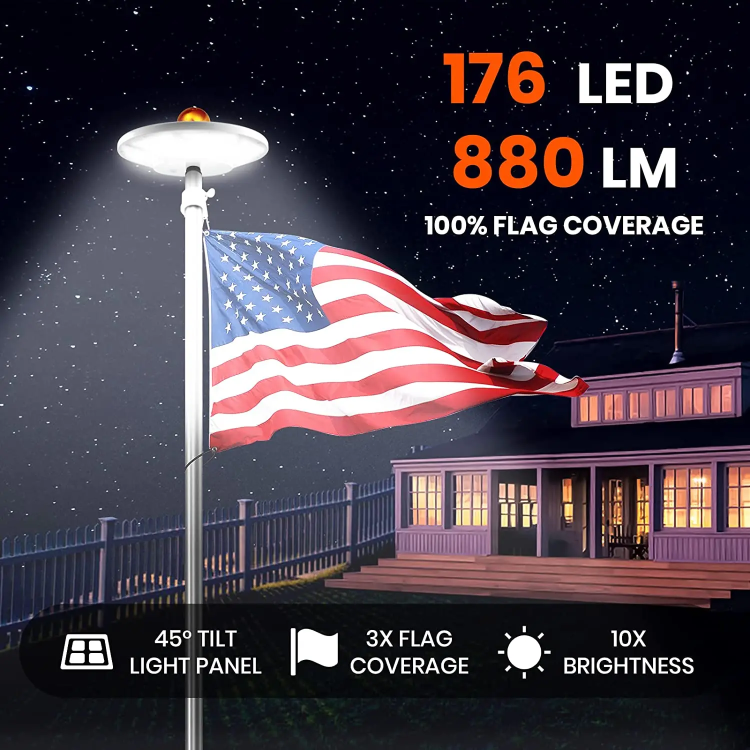 176 LED Solar Flag Pole Light Outdoor  Camping  Lamp IP67 Waterproof  Flagpole Lamp 880lm  Night Lighting 6800MAH Downlight