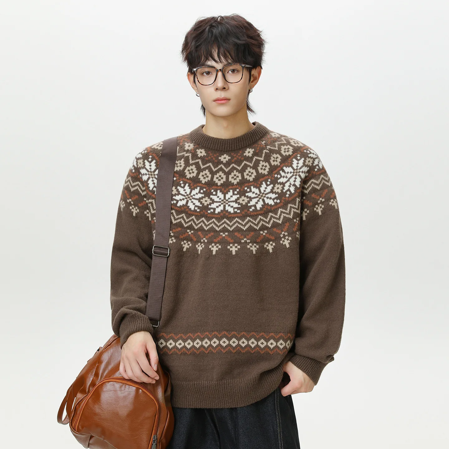 

2025 Autumn Winter New Men's Sweater Retro Textured Crewneck Versatile Pullover Knitting Sweater Outerwear