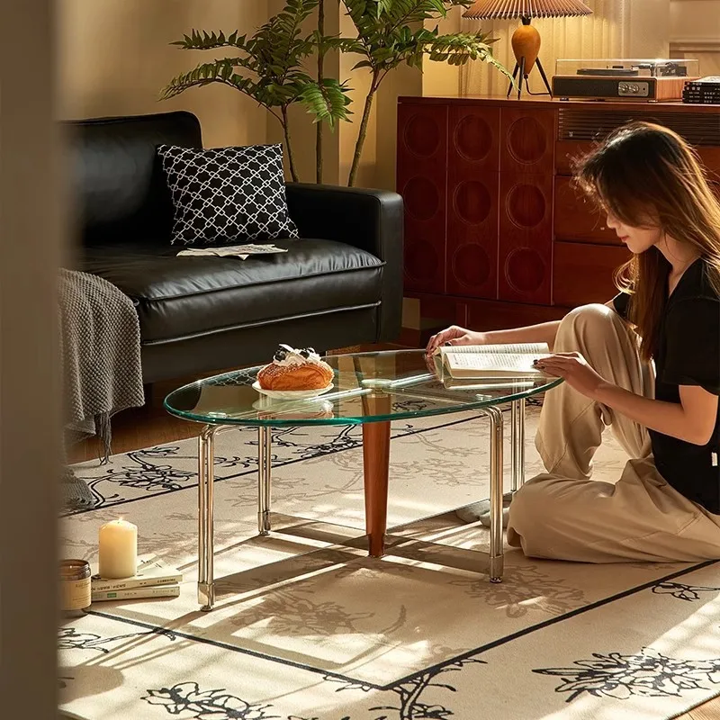 

Nordic retro coffee table oval living room household stainless steel glass extremely simple modern small apartment