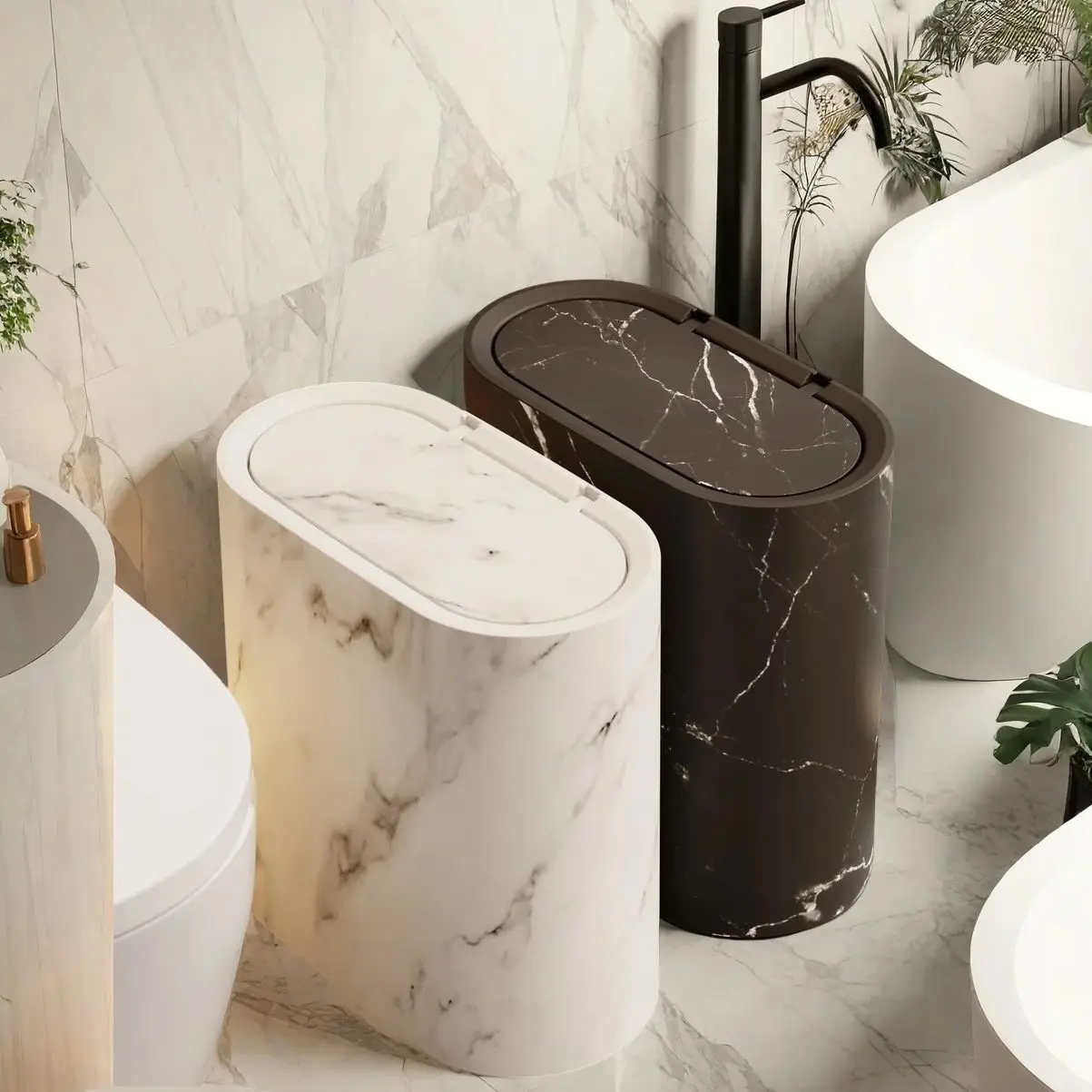 

Мусорный бак с мраморным узором и крышкой - дизайн с запрессовкой, пластиковое ведро, современная черно-белая мраморная текстура для ванной комнаты, спальни