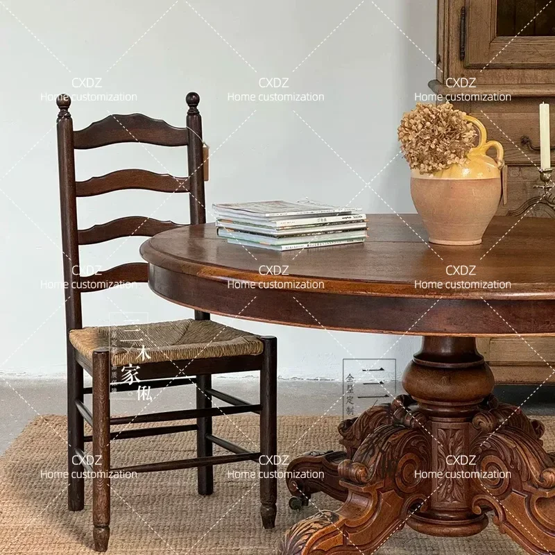 French Retro Solid Wood Round Dining Table American Country Style Large Apartment Villa Hotel Clubhouse B&B Customizable
