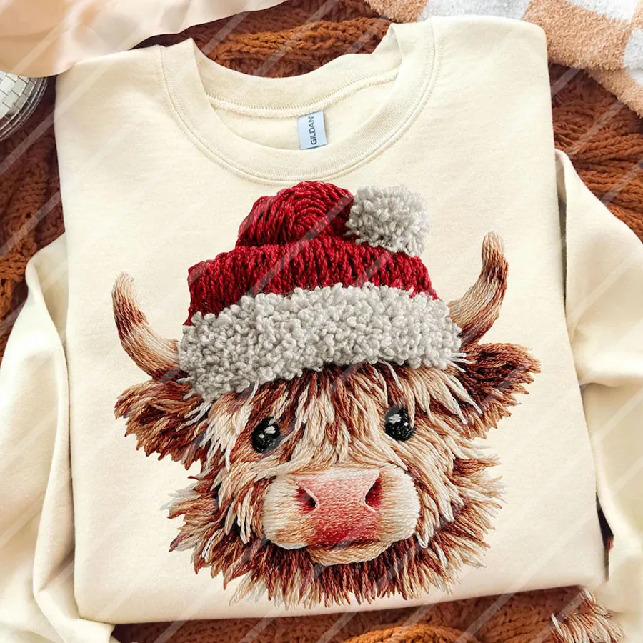 Retro Christmas Highland Cow DIY Iron-On Heat Transfer Sticker Decal T-shirts Sweatshirts Bag Pillowcases Clothing Xmas Decor