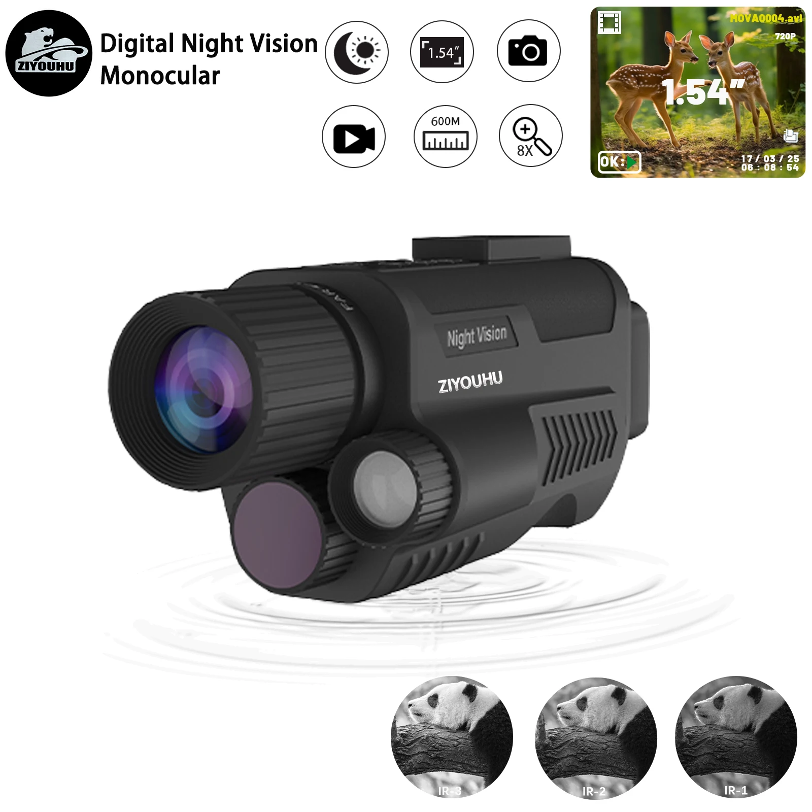 

Z9001 Digital Night Vision Infrare Monocular Built Tacticle Flashlight HD Video Speaker Camera Long Range Dark Hunting