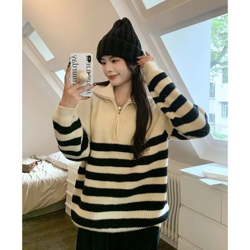 Korean Black Contrast Color Striped Pullovers Sueters Mujer Knitted Half High Collar Zipper Y2k Sweaters Women Lazy Casual Tops