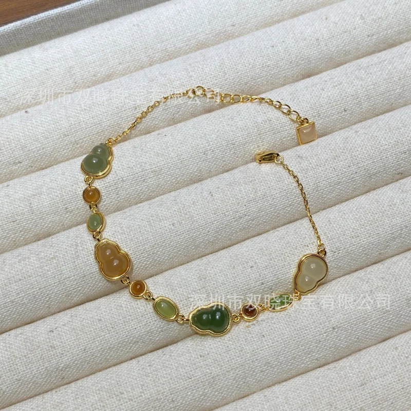 Natural Qinghai Material Hetian Jade Gourd Multi-Gem Bracelet Colorful Matching S925 Silver Inlay