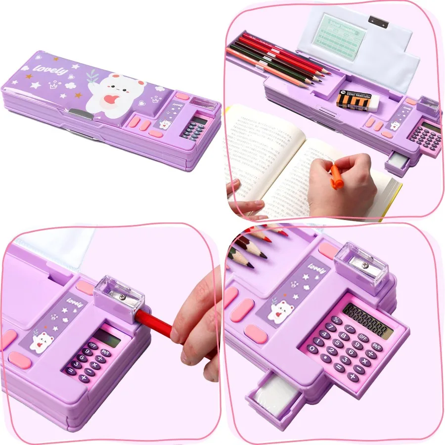 Multifunction Pencil Case with Calculator Pencil Sharpener and Curriculum Storage Cute Patterns Designed for Elementary School