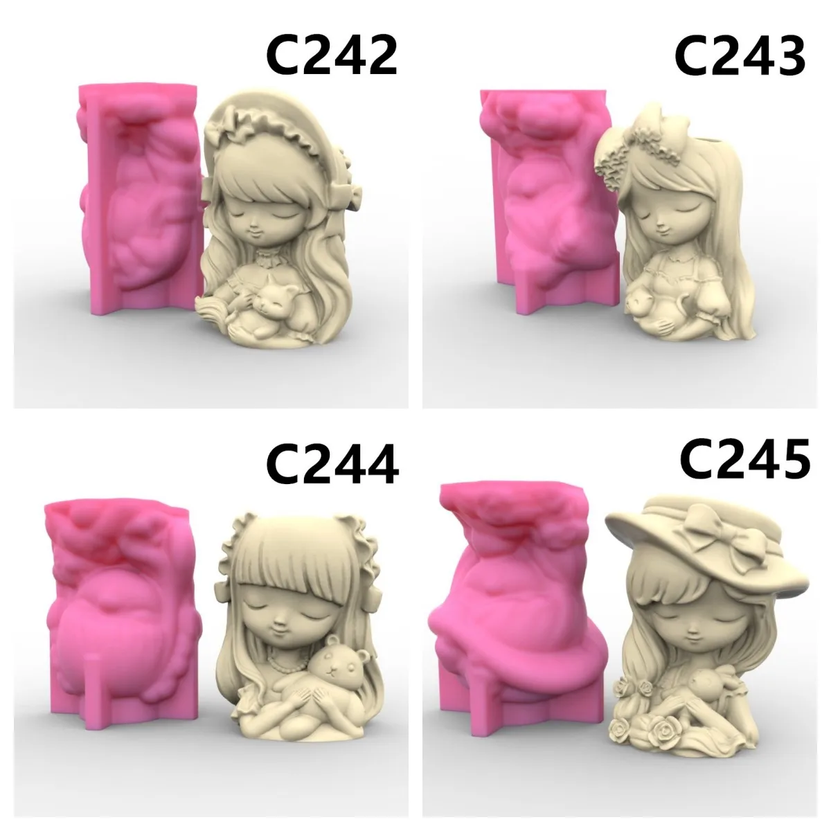 

Cat Rabbit Bear and Girl Flower Pot Ashtray Pen Holder Silicone Mold Scented Molds For Gypsum and Concrete Stone Carving Art