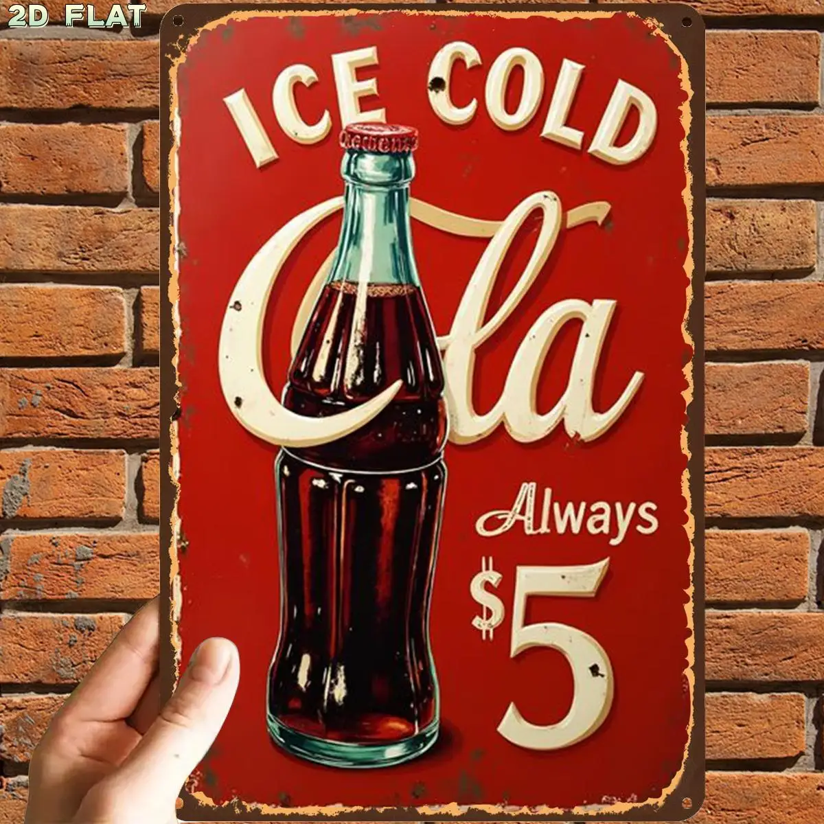 2D-Flachbild, 2D-Flachbild, 1 Stück, Retro-Vintage-Kunstdruck mit dem Motiv „Ice Cold Cola“, Metallschild, vorgebohrte Löcher, geeignet für den Innenbereich, Ga