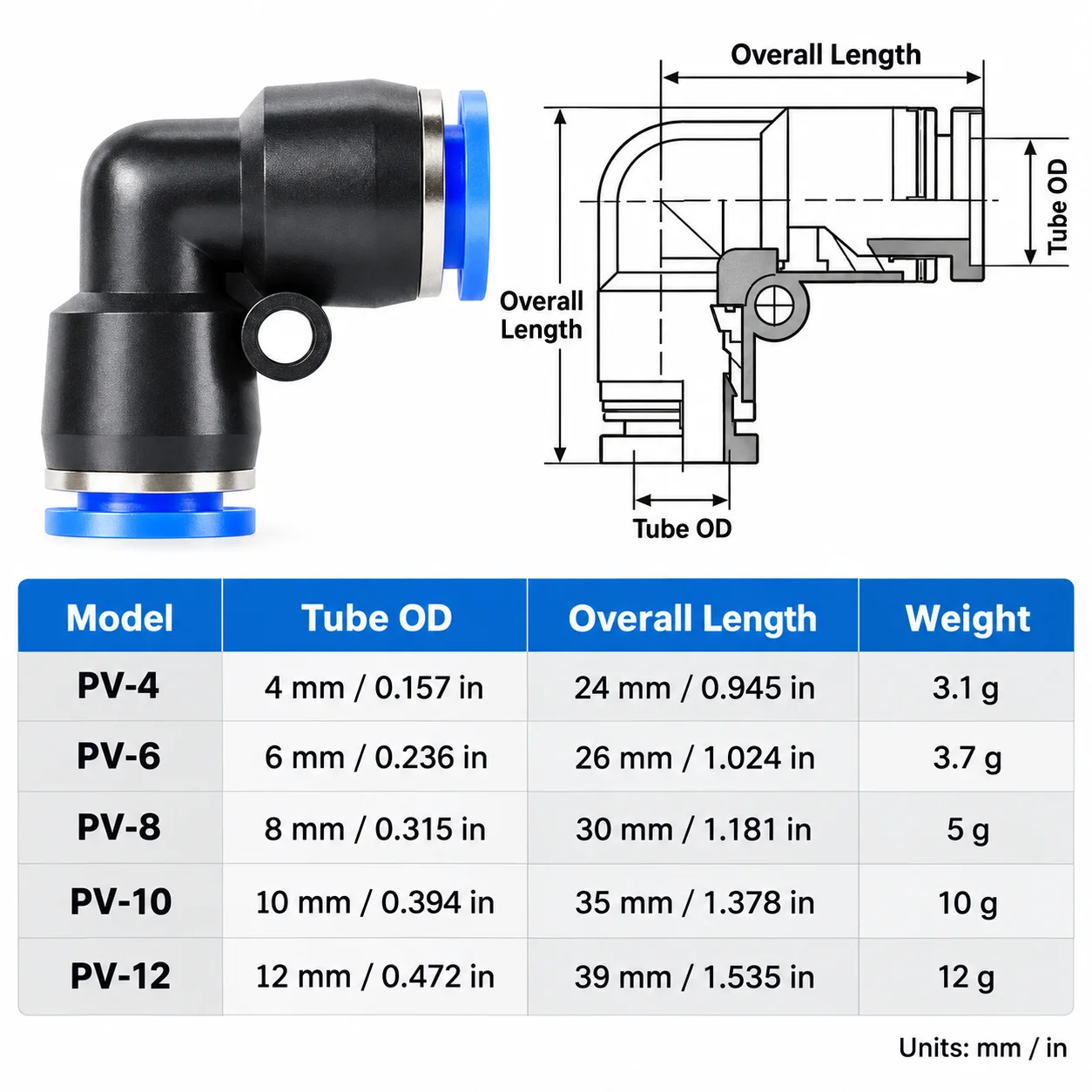 2/5PCS PV Right Angle universal Joint Quick Connector Outer Diameter 4mm 6mm 8mm 10mm 12mm Pneumatic Pipe Joint Push in Plug