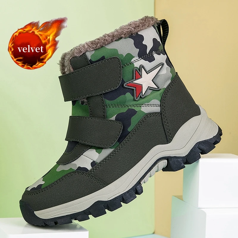 

Зимние ботинки высокого качества для мальчиков, зимние зеленые высокие кроссовки, детские теплые плюшевые ботинки, уличная нескользящая детская спортивная обувь