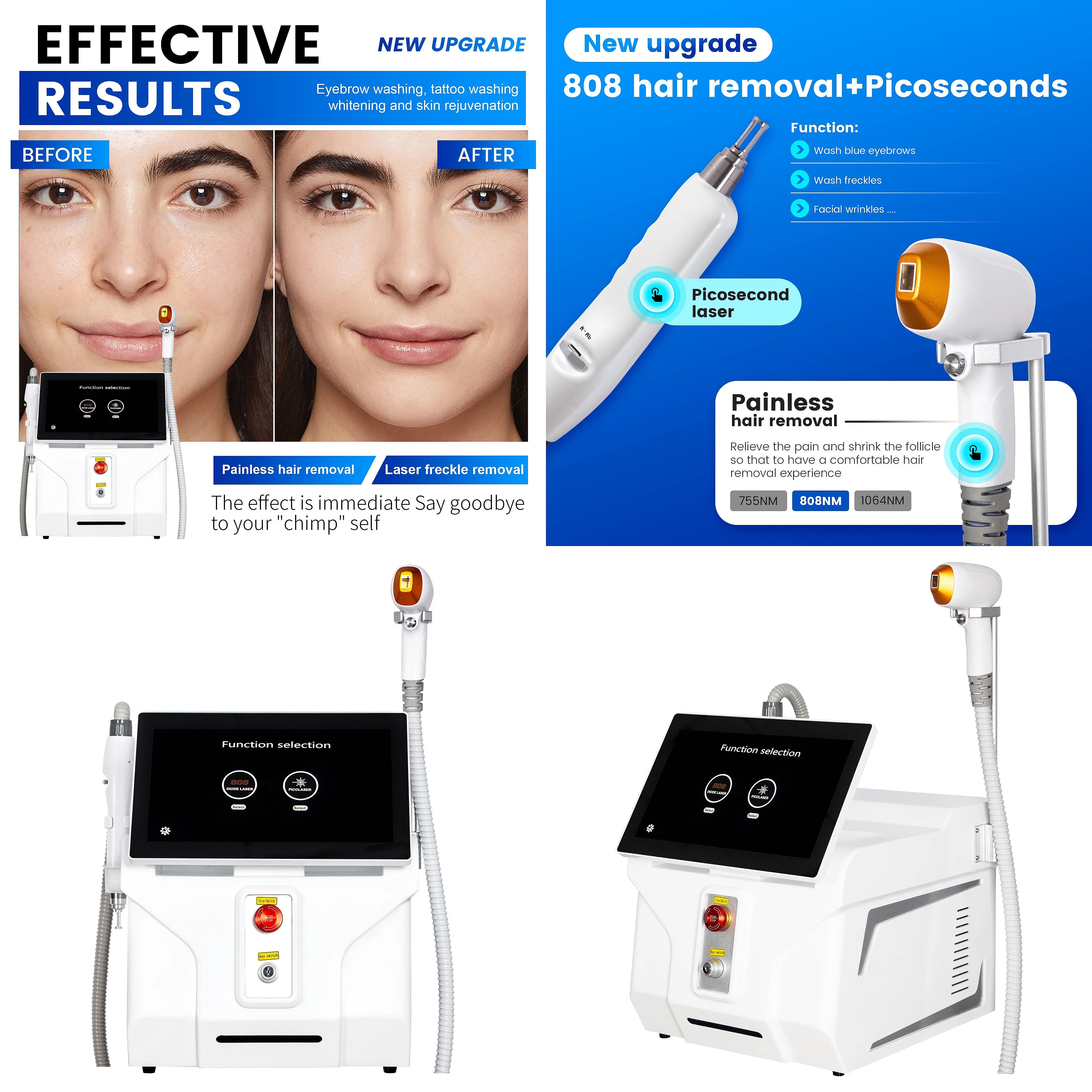Diode Laser and Picosecond Laser 2 in 1 808nm Hair Removal Tattoo Removal Machine 755 1064nm