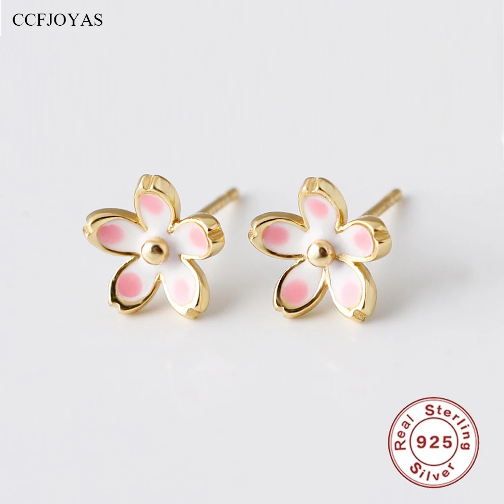 

CCFJOYAS 100% 925 Sterling Silver Plum Blossom Stud Earrings for Girl Japanese Style Enamel Flower Studs Fashion Jewelry Gift