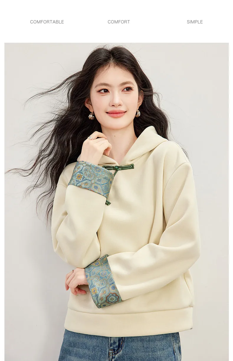 VIMLY New Chinese Style Hooded Sweatshirt Fall Winter Color Contrast Frog Button Fleece Lined Thickened Pullover Ladies A7683