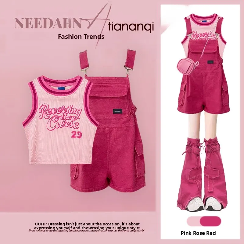 

Лето 2025 г., ярко-розовый и белый цвет, блузка, сексуальная девушка, американский жилет на бретелях с драконом, фруктовый цвет, джинсовый комбинезон, два пирога...