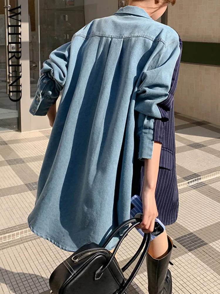 

WHTREND Fashion Denim Patchwork Striped Blazer For Women Notched Collar Color Block Single Breasted Chic Coats Autumn New WH1424