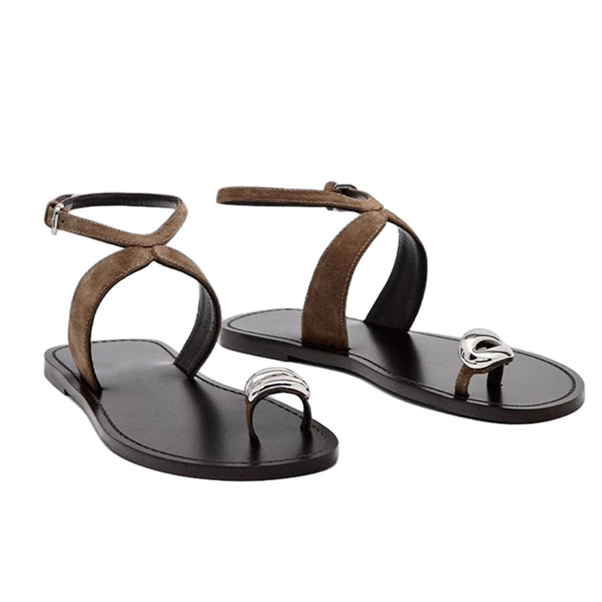 

Jenny&Dave French Lazy Elegant Genuine Leather One-strap Open-toe Casual Sandals Summer Thong Sandals Roman Shoes Women