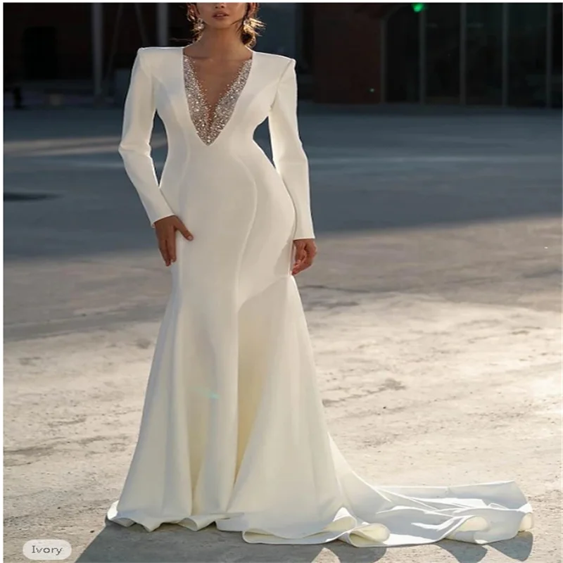 

Formal Wedding Dresses Mermaid V Neck Long Sleeve Sweep / Brush Train Chiffon Bridal Gowns With Beading Solid Color Customized