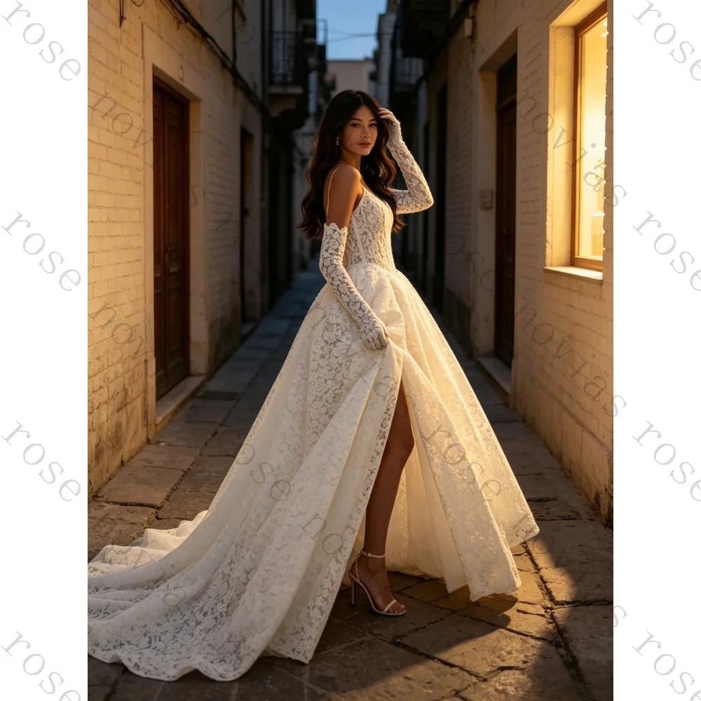 Customized Lace High Slit Off Shoulder Summer Wedding Dress 2026 Long Sleeved A-line Bridal Gown Decals Suitable for Parties