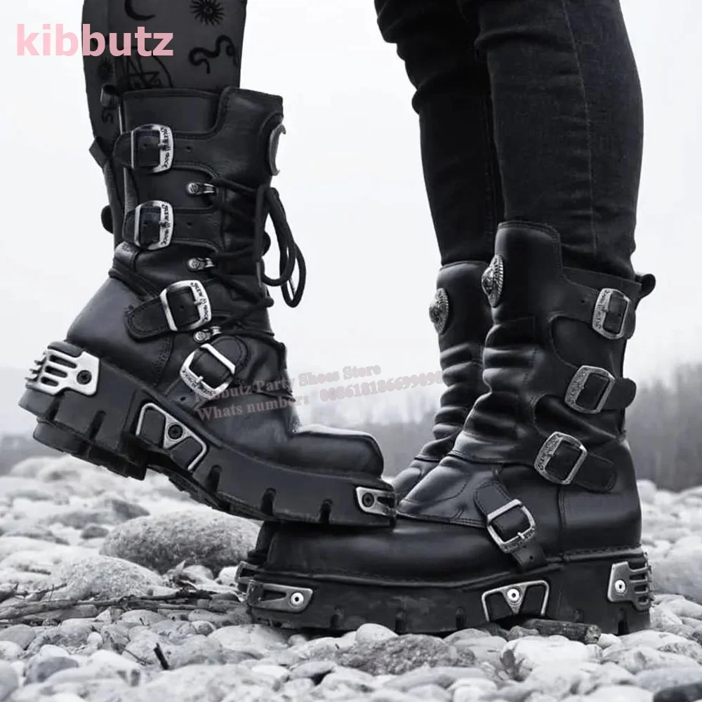 

Mid Calf Boots Belt Buckle Metal Thick Bottom Dark Rock Punk Round Toe Height Increase Lace-up Zipper Fashion Women Shoes Newest