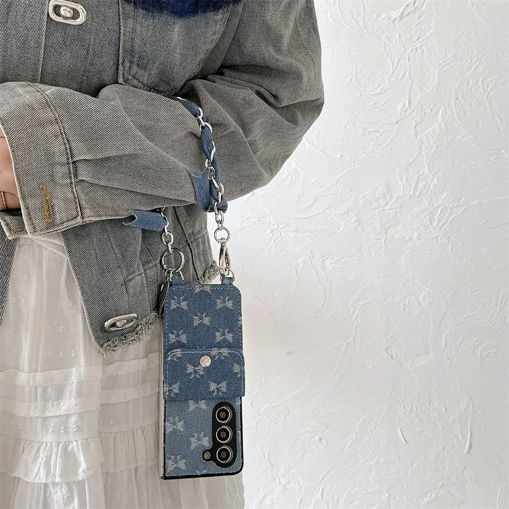 Card Solt Bag Denim Fabric Wallet Wrist Strap Case For Samsung Galaxy Z Flip 6 5 Fold 4 3 Bow Knot Shoulder Chain Lanyard Cover