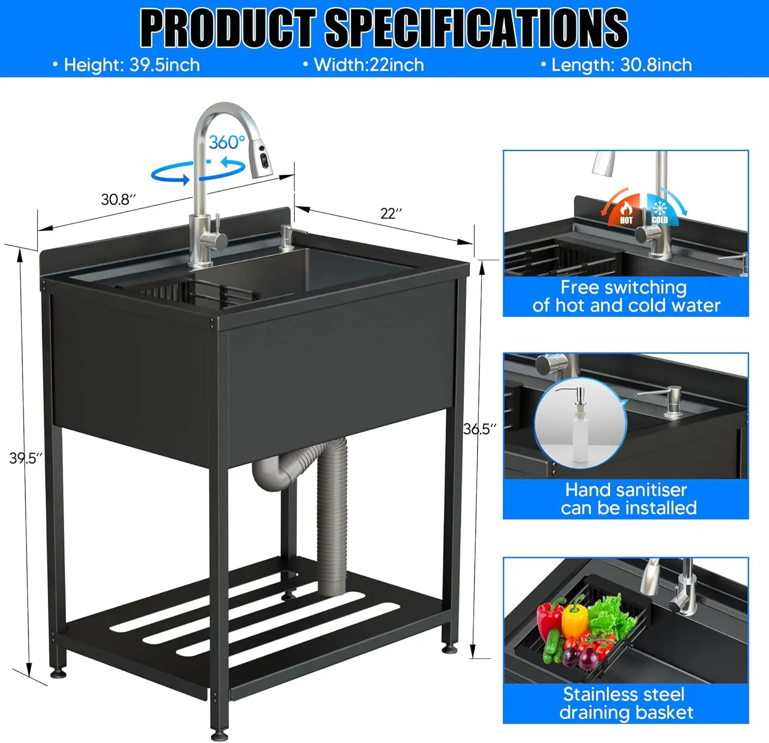 Stainless Steel Utility Sink, Commercial Kitchen Single Bowl Sink with Cold and Hot Water Faucet,Hoses and Drain Kit,Stai