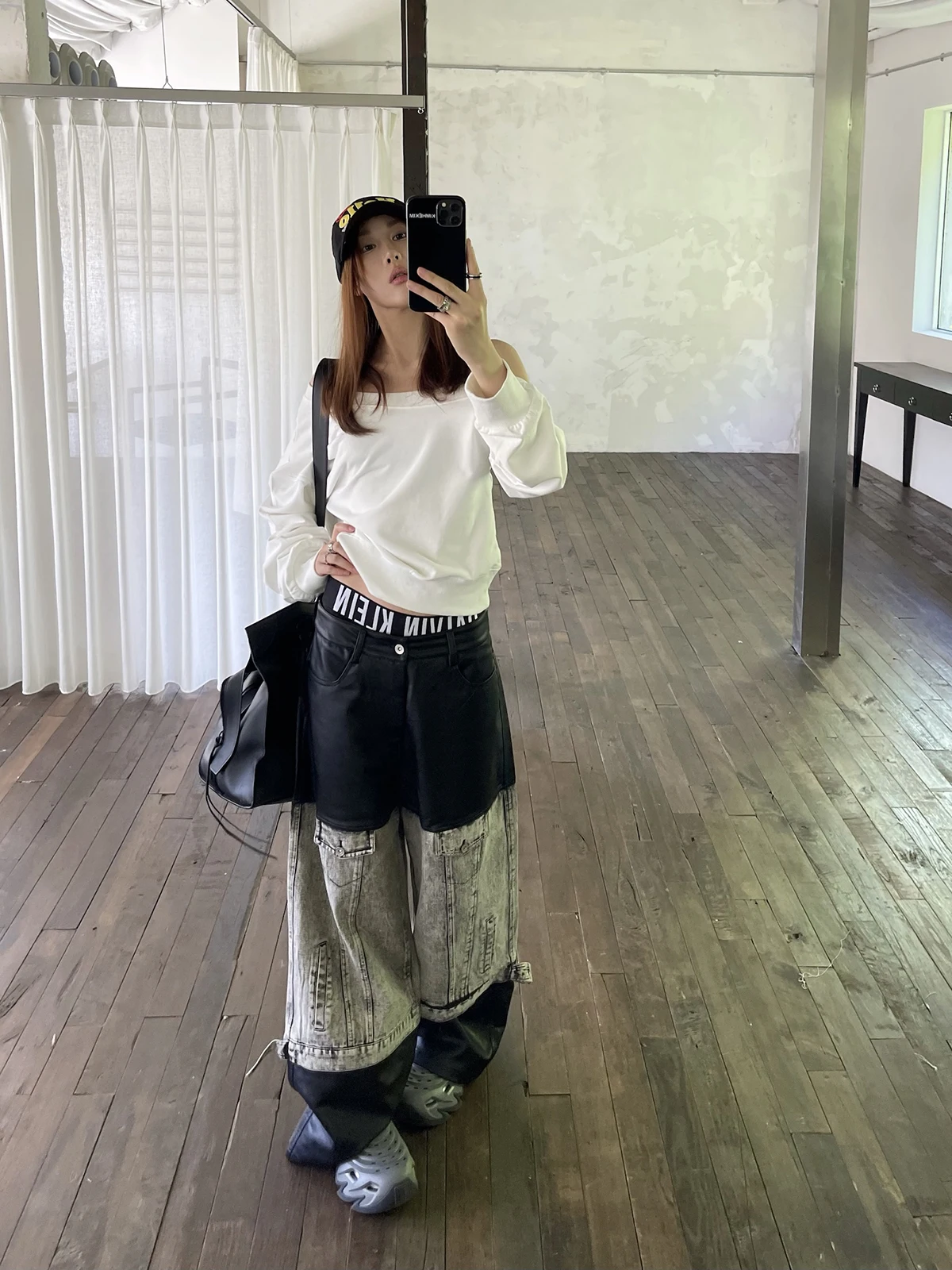 

Джинсы женские Sermeet Original Design, кожаные вставки, свободный крой, прямые широкие штанины, повседневные, длинные, осенняя новинка