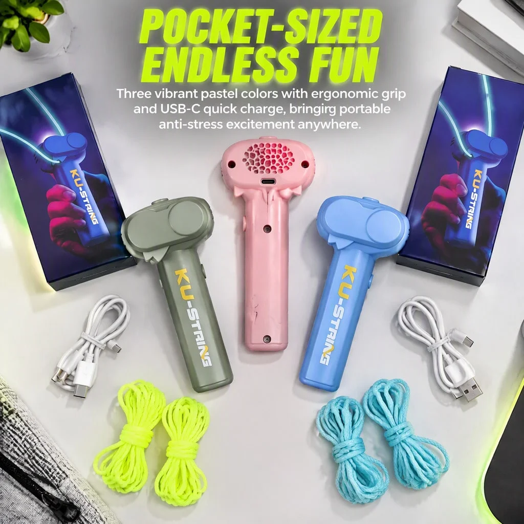2-Pack USB-Rechargeable Light-Up String Launcher Set — Includes 6 replaceable glowing strings; a handheld electric string-launching party prop, interactive cat toy, and outdoor recreational toy.