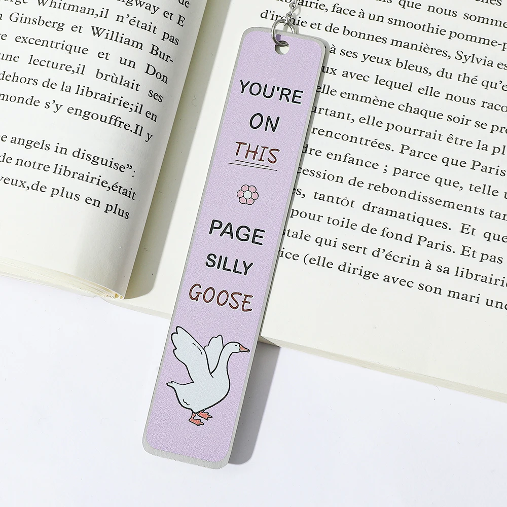 Silly Goose Metal Bookmarks Silver Lavender Page Markers with Duck Charm Chain, Red Accent Letters & Floral Decor for Book Lover