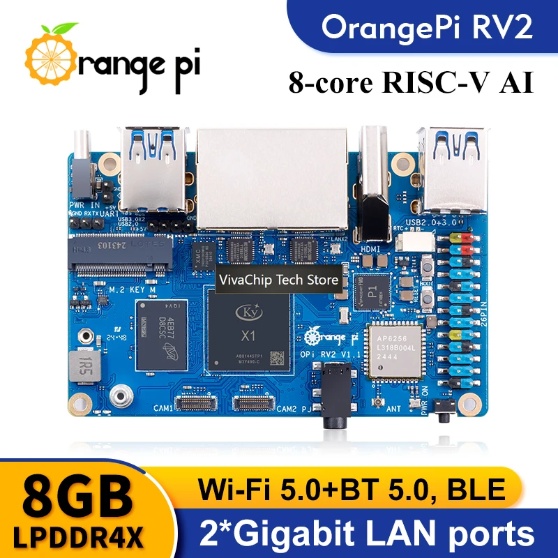 VivaChip TechOrange Pi RV2 8GB RAM RISC-V AI Single Board Computer 2 TOPS NPU WiFi+BT5.0 Gigabit Ethernet SBC M2 NVMe SSD Develo