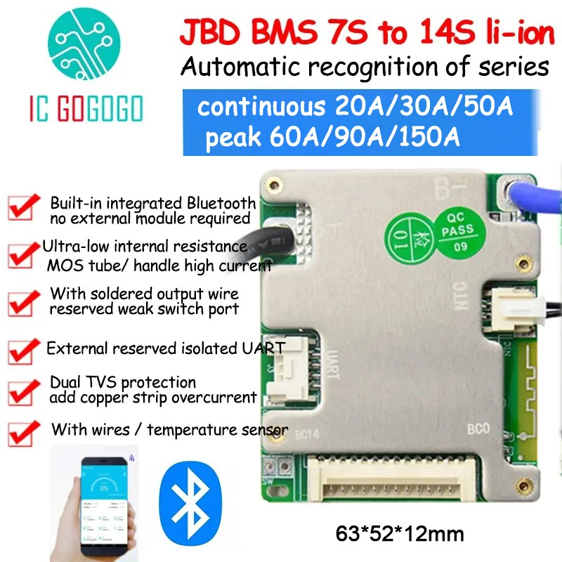 JBD 7S to 14S 13S Lithium ion Battery Protection Board 24V 36V 48V 52V 13S 10S Li-ion Smart BMS 30A 50A 90A Bluetooth APP UART