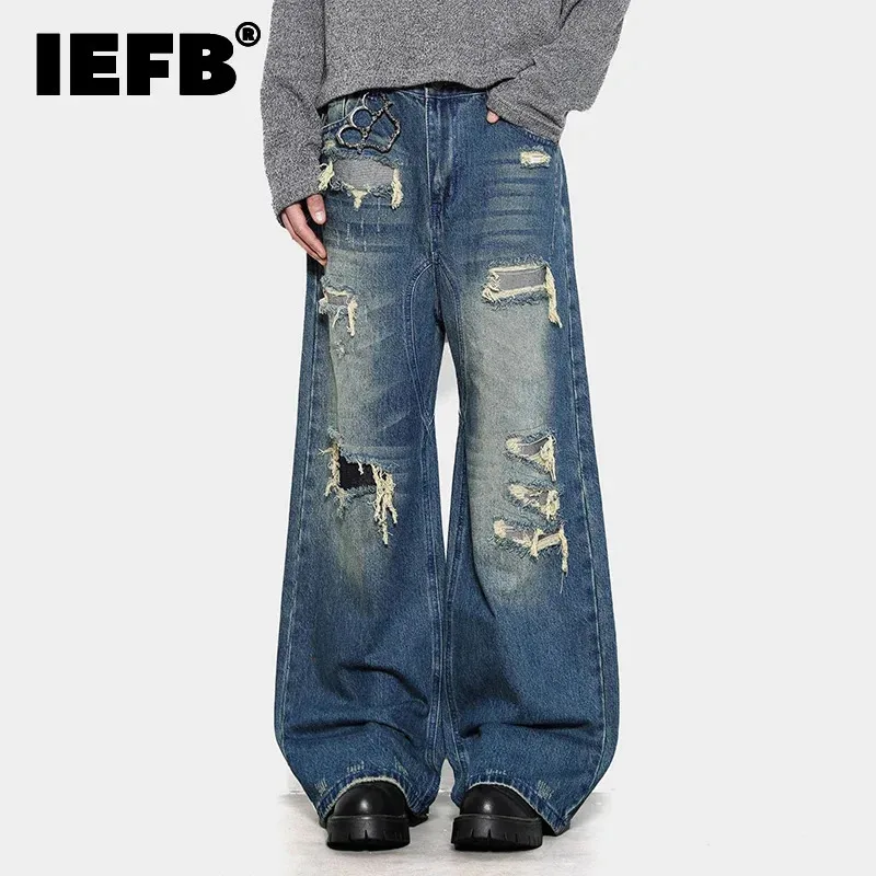 IEFB Amerikanischen Stil Männer Denim Hosen Löcher Design Patch Jeans Kontrast Farbe Gewaschen Gerade Bein Allgleiches Männlich Unten 9W4327