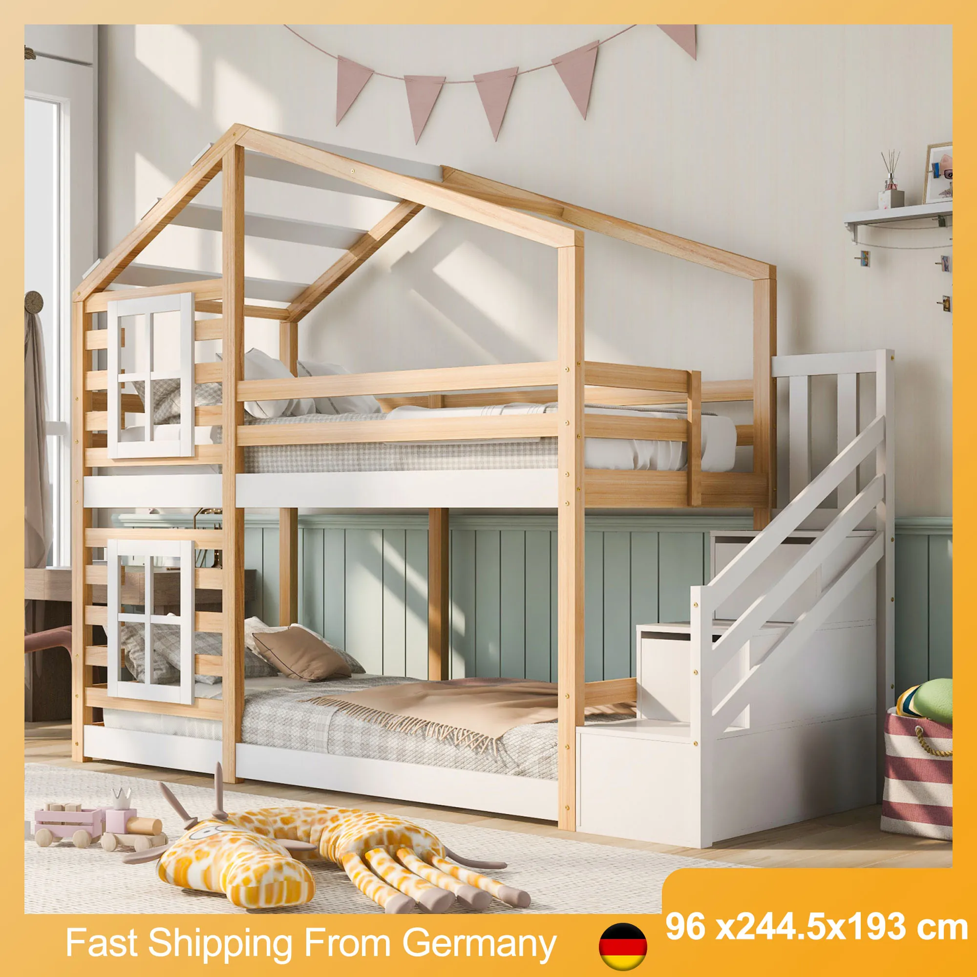 Tree House Bed Frame with Drawer, Bunk Bed for 2 Kids, Children's Bed Frame with Slide and Blackboard, 90x200cm