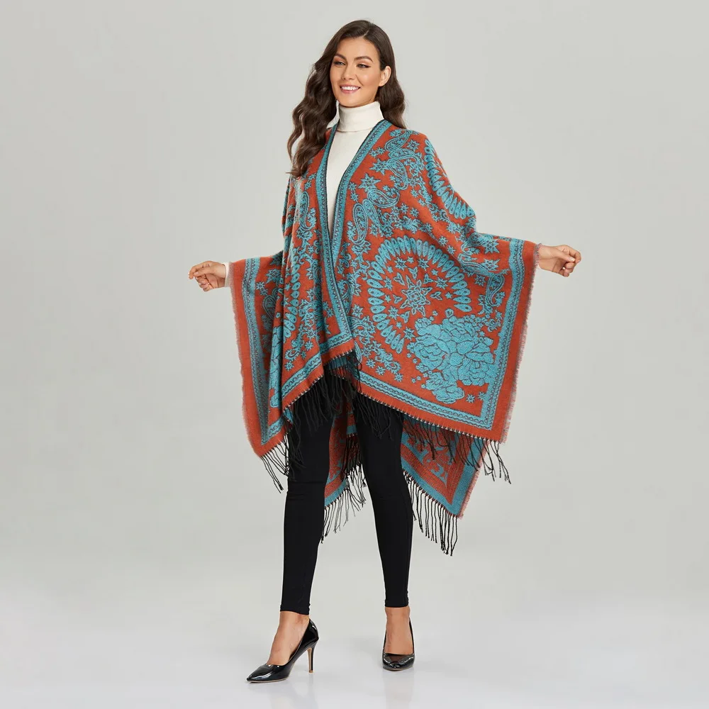 

Vintage Jacquard Acrylic Cashmere Cape Long Poncho Coat Women Autumn Winter Warm Wraps Shawl Travel Cloak
