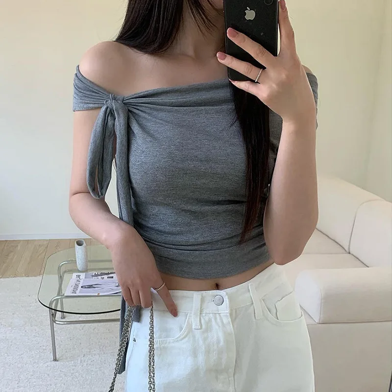 

Korean Niche Design with Asymmetrical Single Shoulder Neck Strap Short Sleeves Versatile Solid Color Y2k Top for Women