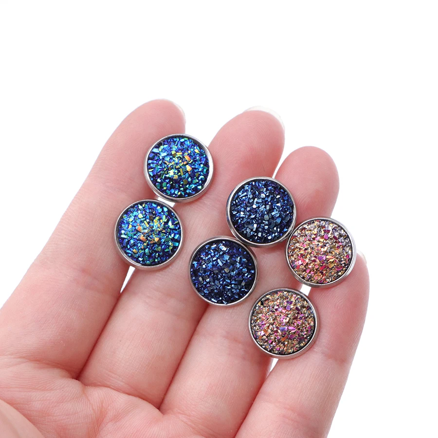 9pair/lot 9Colors Glitter  Round Stud Earrings Stainless Steel Jewelry for Women Colorful Resin Druzy Drusy Ear Studs Earrings