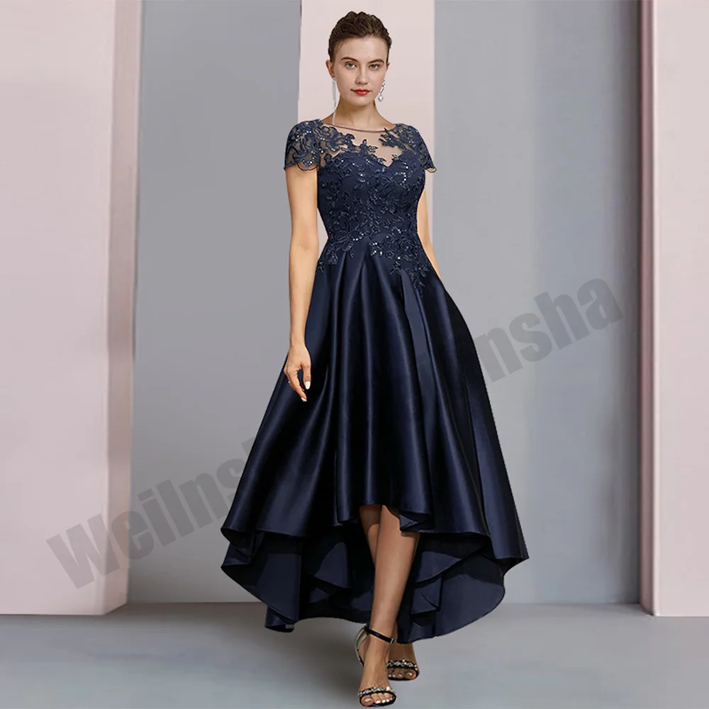 

Navy Blue Mother Of The Bride Dress Charming Short Sleeves Applique Hi-lo Satin Wedding Guest Gown A Line Party Dresses