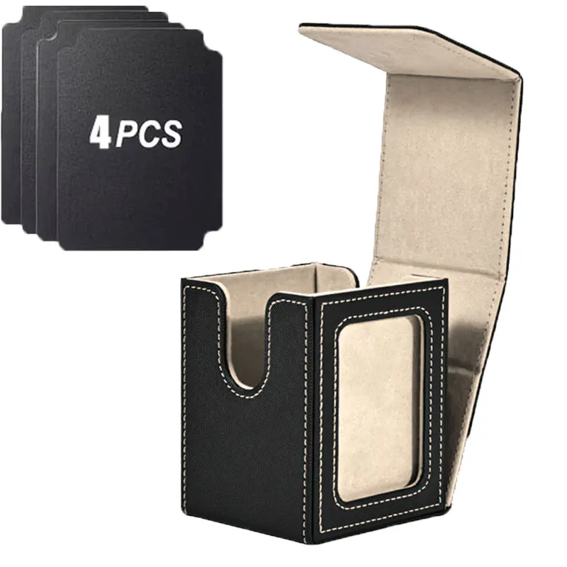 Card Deck Box with Display Window ,Holds 100+ Double-Sleeved Trading Cards 4 Dividers,PU Leather Box for TCG Card