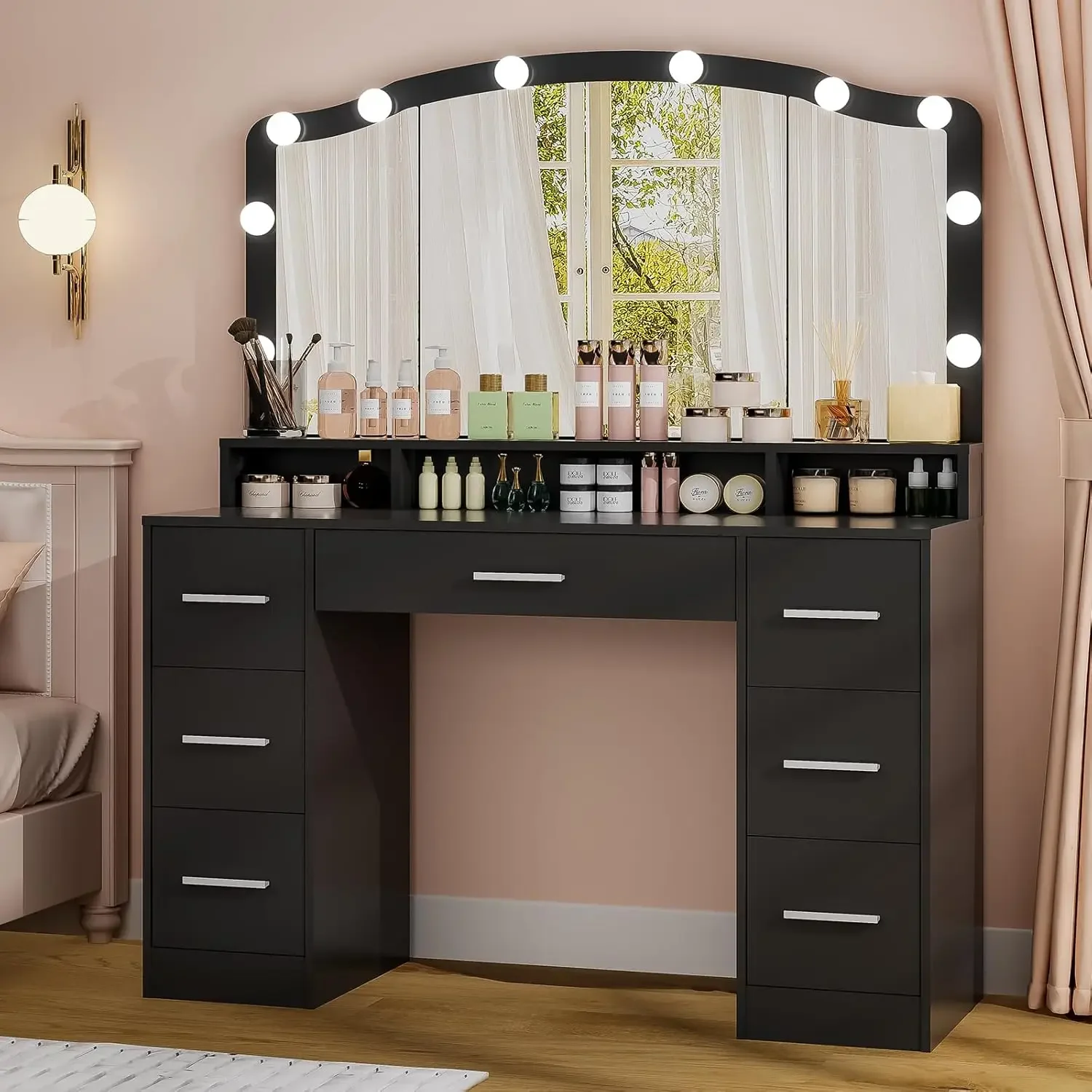 Usikey 43.3 "Vanity Desk con grande specchio illuminato, tavolo da trucco con 7 cassetti e 10 lampadine, 3 colori di illuminazione,