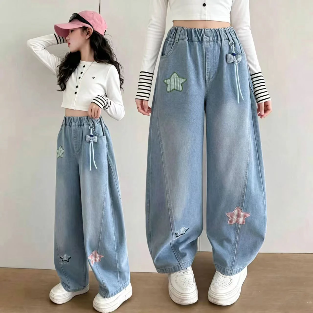 Star Pattern Children Winter Insulated Jeans With Fleece Lined for Girls 5Yrs To 14 Yrs Kids Loose Straight Warm Denim Pants