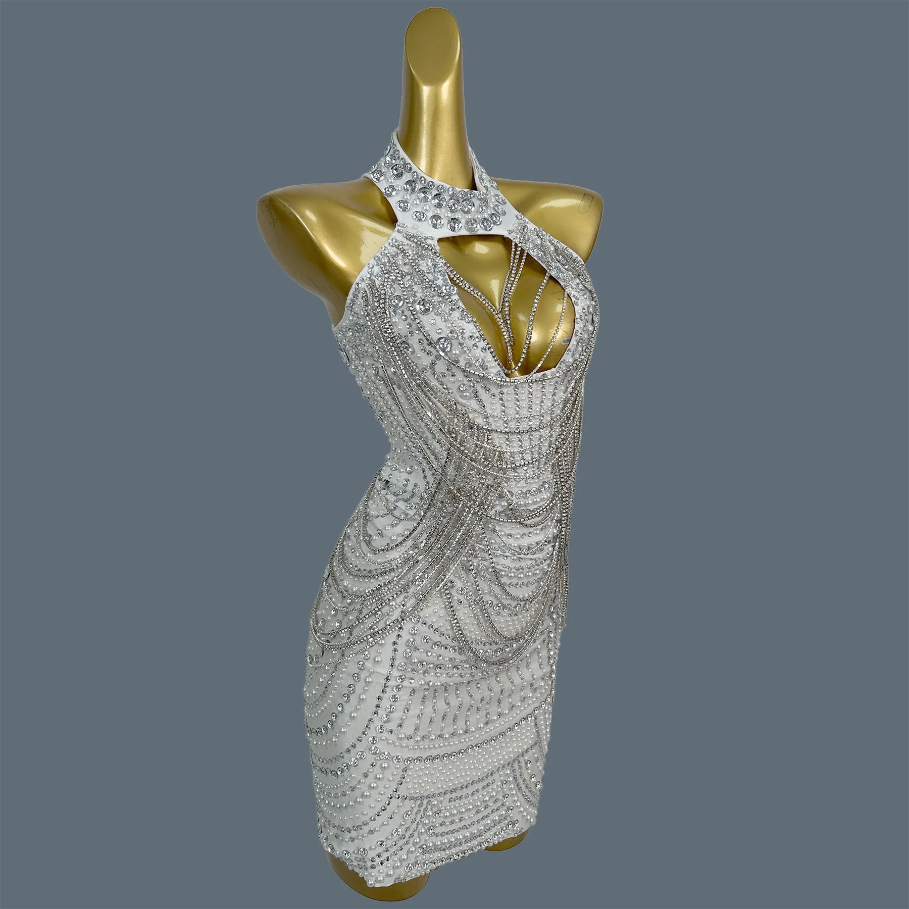 

White Rhinestone Chain Bodycon Dress Sexy Women Low-cut Sparkly Stage Performance Outfit Dance Party Club Cocktail Dress Miwu
