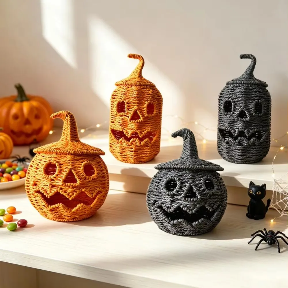 Handcrafted Halloween Woven Pumpkin Rustic-style with Removable Lid Pumpkin Candy Storage Basket Plastic Pumpkin Storage Box