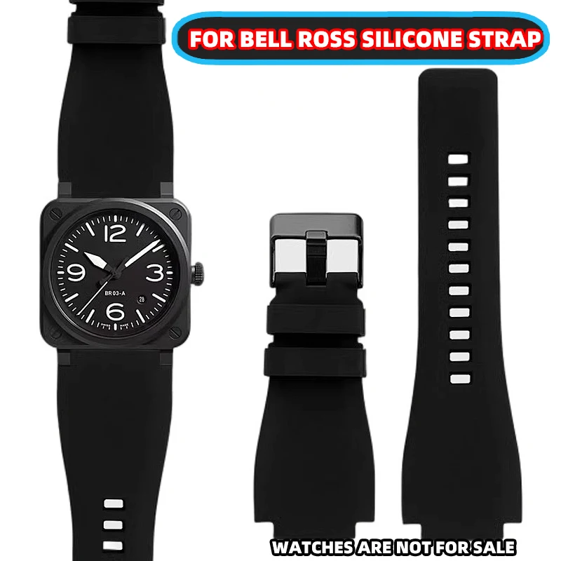 34 * 24mm For Exquisite Needle Buckle Silicone Watchbands for Bell Ross BR01  Series Soft Waterproof Breathable Strap 24mm black