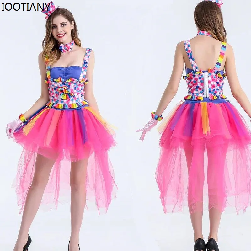 

2024 Funny Candy-colored Clown Cosplay Costume For Adults Female Clown Costumes Halloween Carnival Party Performance Dress Up