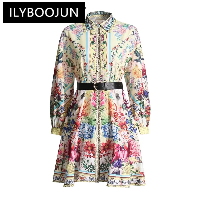 

ILYBOOJUN Colorblock Spliced Belt Loose Mini Dress For Women Lapel Long Sleeve High Waist Casual Dresses Female Vintage Style